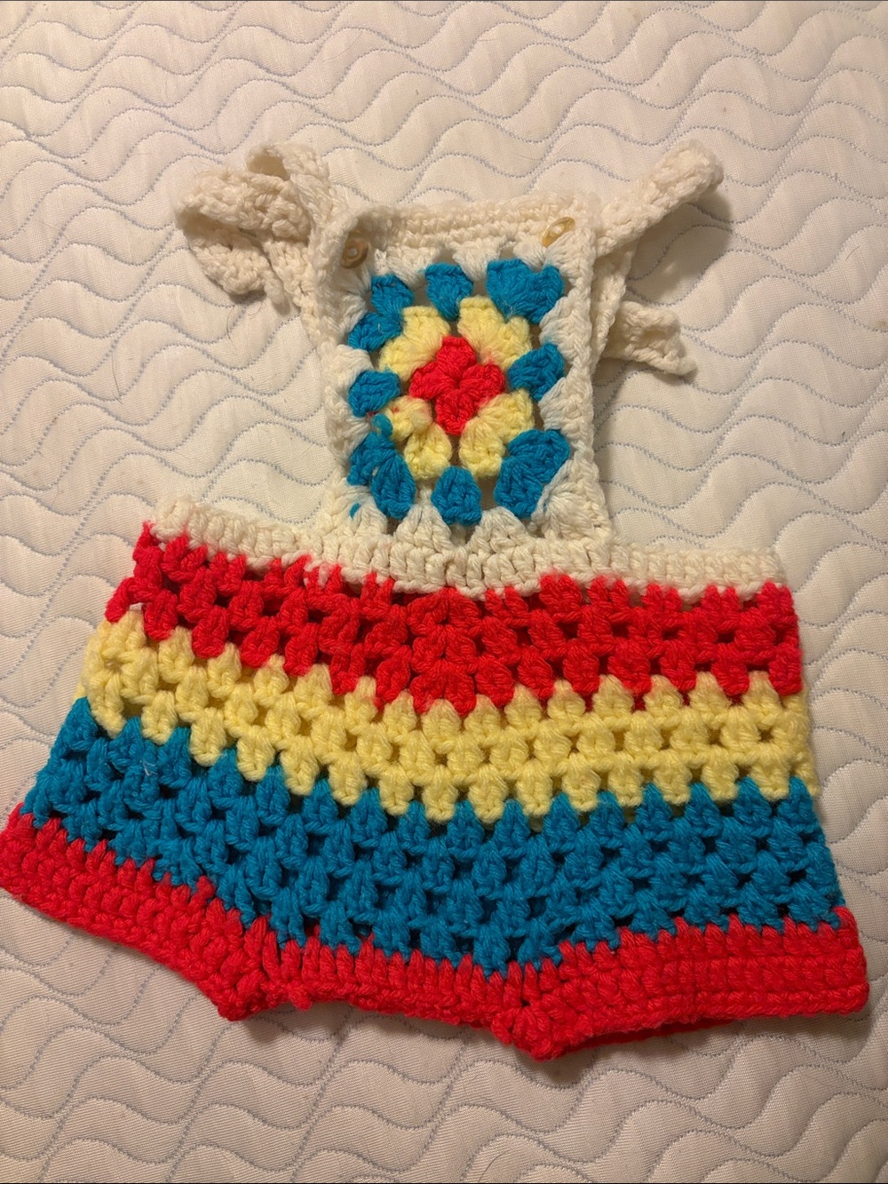 Vintage Handmade Crochet Kids Romper - Red, Yellow, Blue, Cream